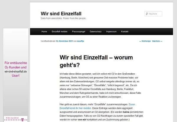 Telekom Werbung auf O2 Protest-Blog "Wir sind Einzelfall".